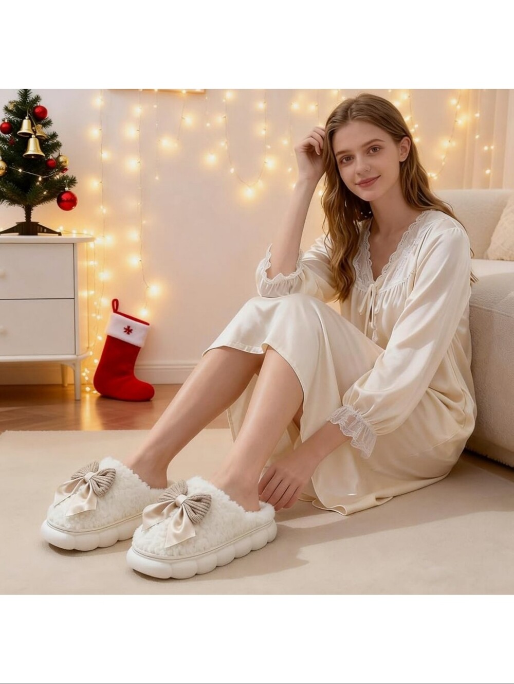 Fuzzy Bow Slippers Cream